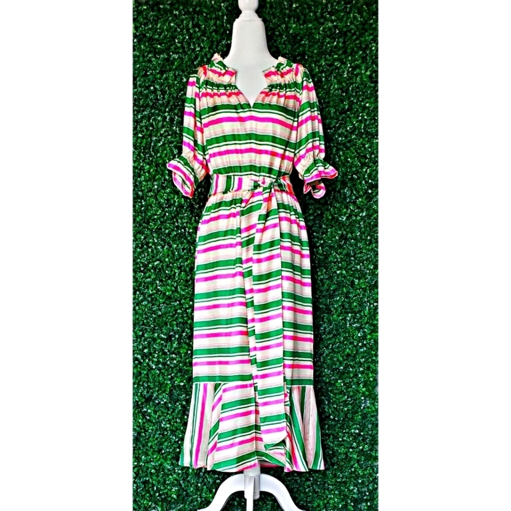 28. J. Crew Silk-twill ruffleneck dress in stripe